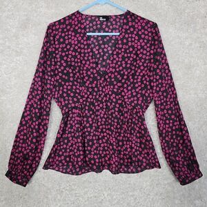 The Kooples Top Womens Large 3 Pink Black Floral V-Neck Blouse Preppy Cottage